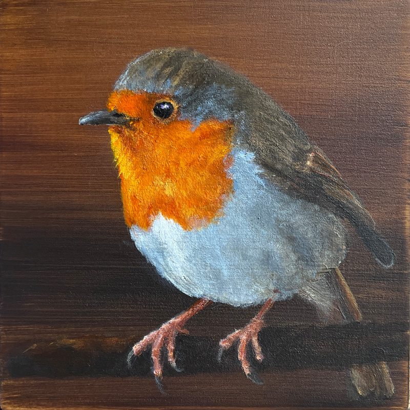 Originalgemälde Rotkehlchen, Acryl auf Holz. Vogelmalerei von Simone Hofmann Art, handgemalt in Haltern am See.